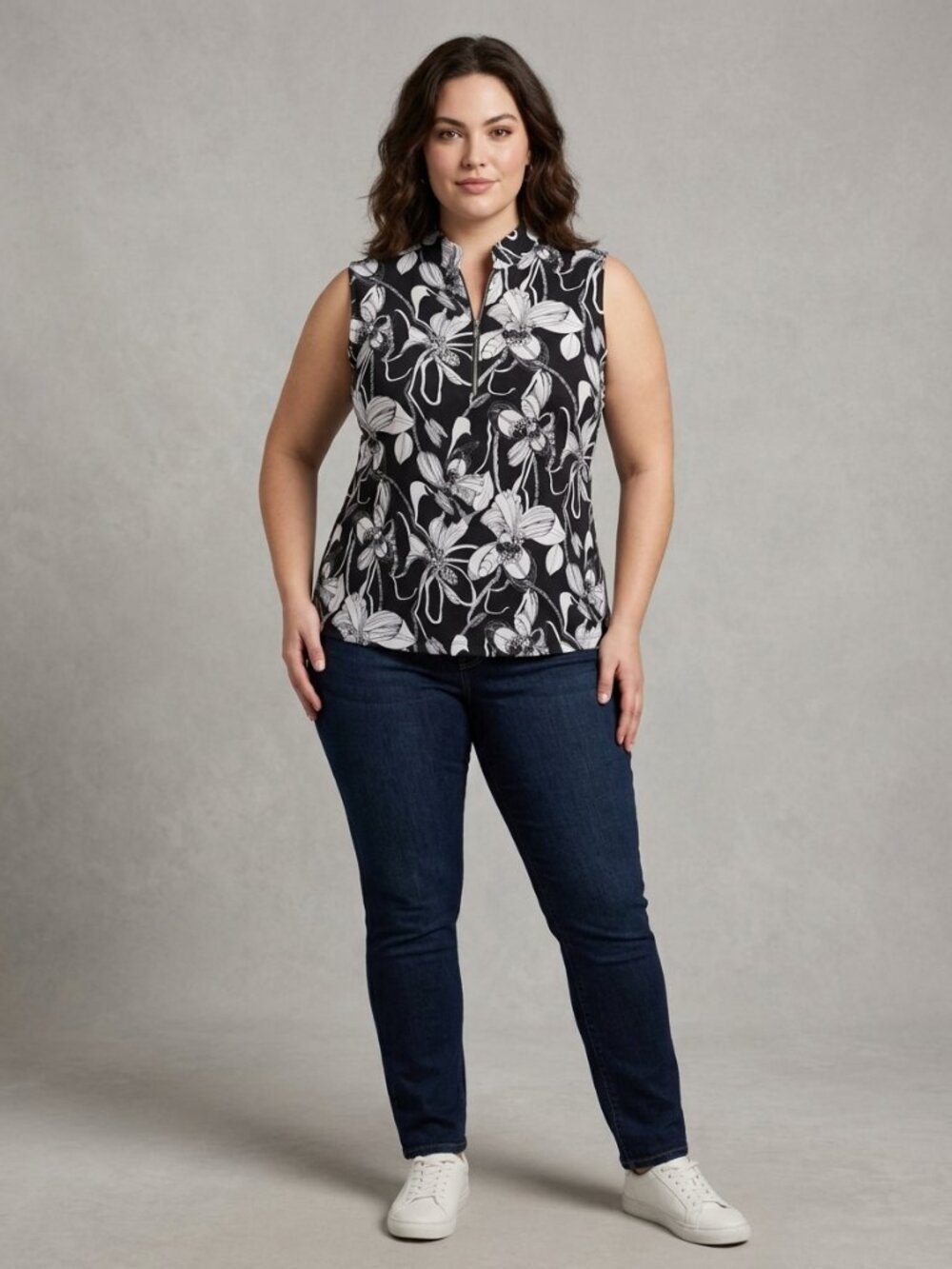 Chico's Zenergy Black White Floral Quarter Zip Athletic Activewear Top